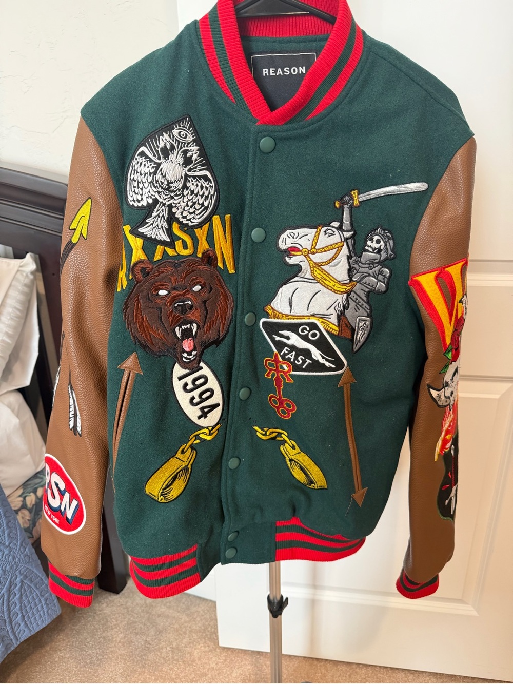 REASON Green Varsity Jacket with Brown Sleeves and Red Trim